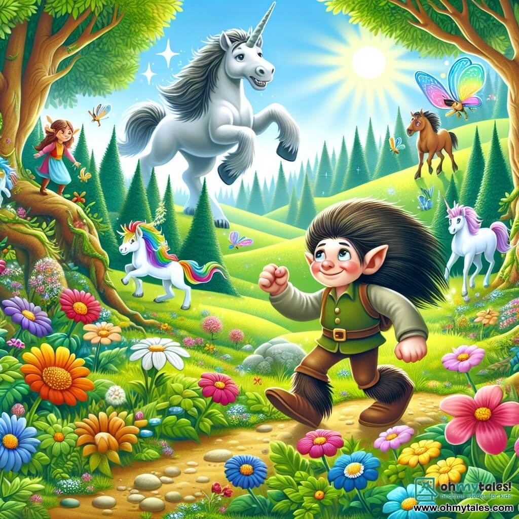 Une illustration destinée aux enfants représentant un adorable troll des bois, accompagné d'une courageuse jeune fille, explorant un somptueux et magique royaume de la forêt enchantée, rempli de fleurs multicolores qui dansent joyeusement sous les rayons du soleil, tandis que des licornes majestueuses galopent gracieusement dans les clairières verdoyantes et que des fées étincelantes virevoltent parmi les arbres imposants.