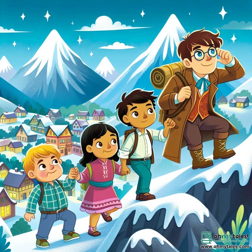 Une illustration destinée aux enfants représentant un jeune garçon intrépide, accompagné de ses amis, une fille astucieuse et un garçon ingénieux, escaladant un sommet enneigé et mystérieux surplombant une petite ville pittoresque.