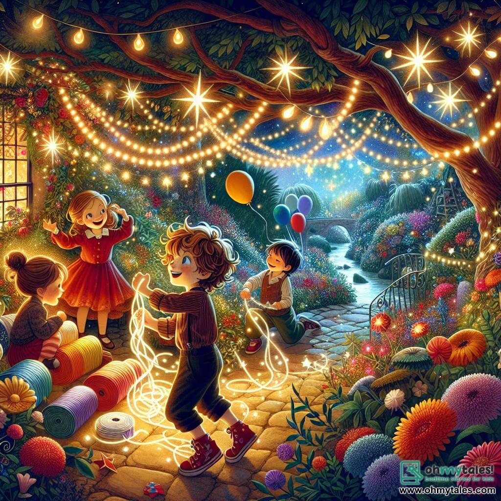 An illustration depicts a secret garden illuminated for a New Year's party. The garden is filled with colorful flowers, winding vines, and a sparkling stream that gently sings. Twinkling lights are hung from tree branches, creating a magical and festive atmosphere. In the center, four five-year-old children are decorating the garden. A smiling, energetic boy with curly blonde hair hangs shiny stars on a branch. Next to him, a laughing boy with brown hair and glasses holds rolls of colorful streamers. A girl with brown hair in a red dress dances joyfully with balloons. Finally, another boy with black hair and red sneakers, looking focused, wraps lights around a tree. The scene captures the excitement and joy of the children as they transform their garden into a fairy-tale place to celebrate New Year's, surrounded by laughter and vibrant colors. Fireworks illuminate the night sky in the background, adding a touch of magic to this joyful celebration.