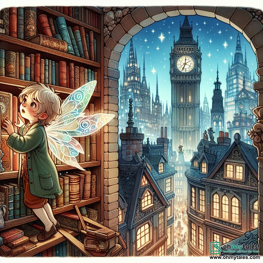 Une illustration destinée aux enfants représentant un jeune garçon curieux se retrouvant soudainement plongé dans un monde de magie et de mystère, accompagné d'une fée aux ailes scintillantes, dans un coin caché d'une librairie ancienne de la ville, entre des gratte-ciels étincelants et des rues animées, où des livres anciens remplissent chaque recoin.