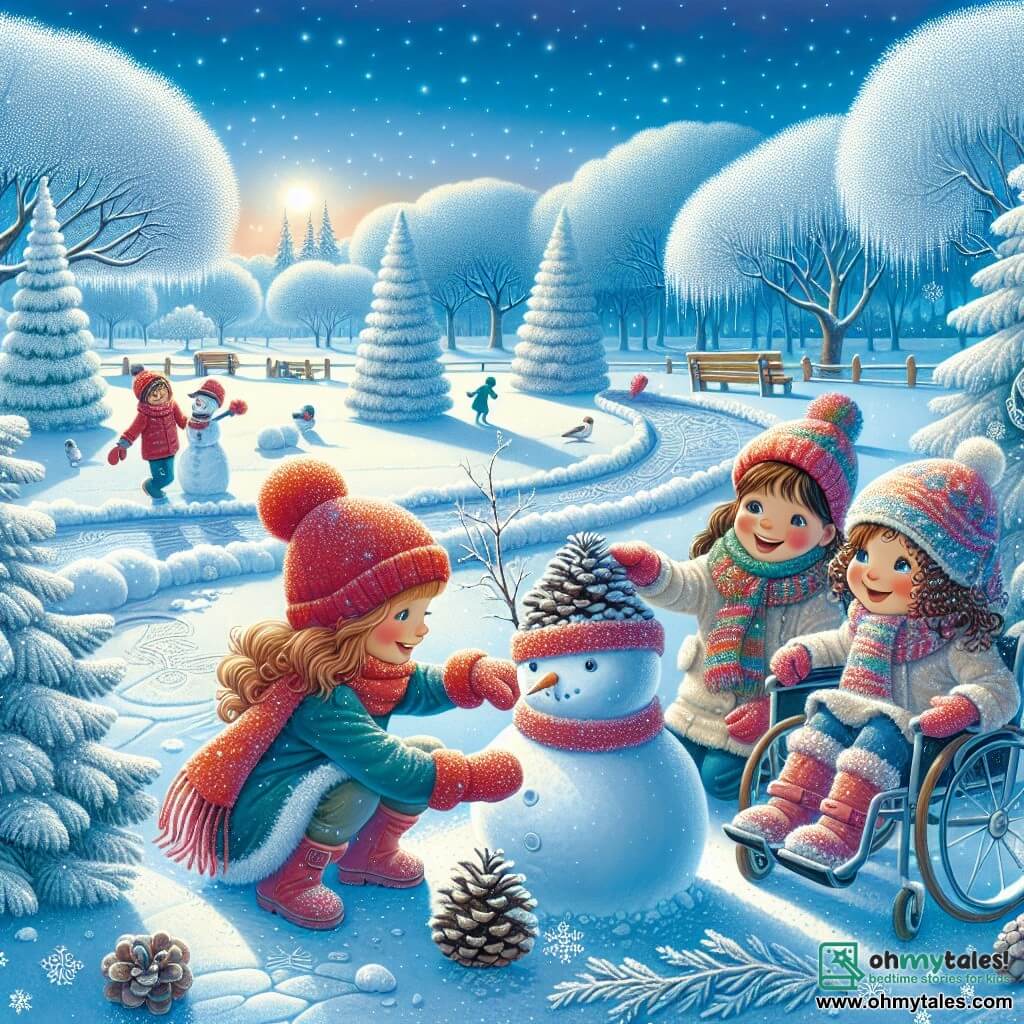 The illustration depicts a vast winter park covered in a thick layer of sparkling snow under a clear blue sky. Majestic trees draped in frost surround the scene, while a winding path leads to a large snow mural created by children. 

In the center, three young girls are engaged in play. The first, about 8 years old, wears a bright red hat that falls over her eyes and matching mittens. She leans forward with a big smile, placing a large pine cone on the head of a snowman. The second girl, 9 years old with curly hair, wears a colorful scarf and laughs joyfully while holding a branch to use as an arm for the snowman. The third girl, around 10 years old, is in a wheelchair decorated with snow garlands, her eyes sparkling with enthusiasm as she gestures to encourage her friends to add details to their creation. 

The scene captures the spirit of camaraderie and creativity, with snowflakes gently falling around them. In the background, families admire the mural, creating a festive and warm atmosphere. Nearby, cups of hot chocolate are placed on a small table, adding a touch of comfort to this magical winter day.