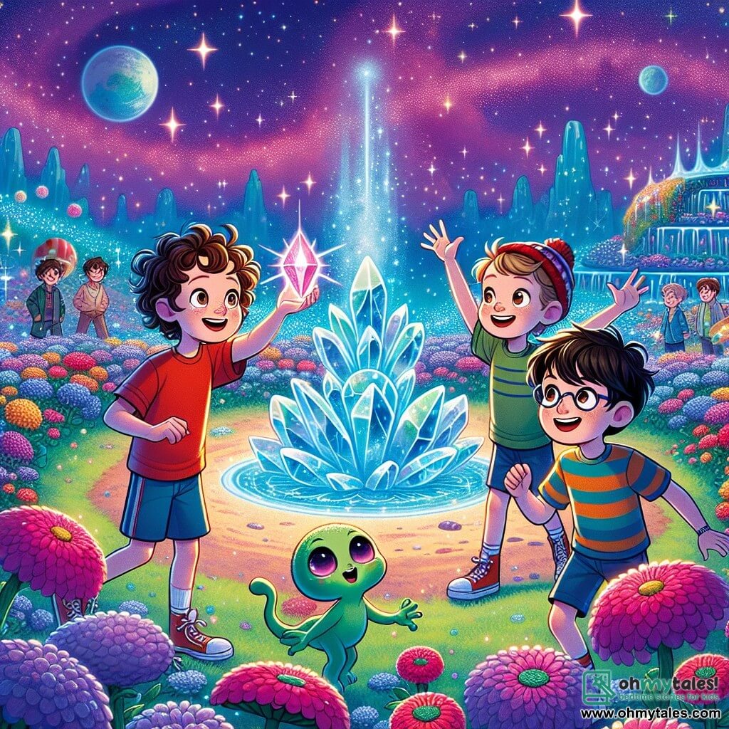An illustration depicts a magical landscape on the planet Glimmer, where the ground is covered with sparkling flowers in vibrant colors ranging from purple to blue, and a deep purple starry sky illuminates the scene. At the center, a crystal fountain emits a bright light, surrounded by four young boys, all about 10 years old. The first boy, with curly brown hair, wears a red t-shirt and blue shorts, smiling in wonder while holding a shining crystal. Next to him, a blond boy with sparkling eyes, dressed in a green t-shirt and shorts, joyfully dances with his arms raised to the sky. The third boy, wearing glasses and with black hair, sports a striped t-shirt and gazes fascinated at the fountain, while the last boy, with brown hair and a hat, approaches the fountain with a curious expression. Above them, a small green alien with large pink eyes and a warm smile floats in the air, arms open as if welcoming them. Sparkling stars dance around him, adding a magical touch to the atmosphere. The entire scene radiates a joyful and friendly ambiance, full of bright colors and light, capturing the spirit of adventure and friendship of the story.