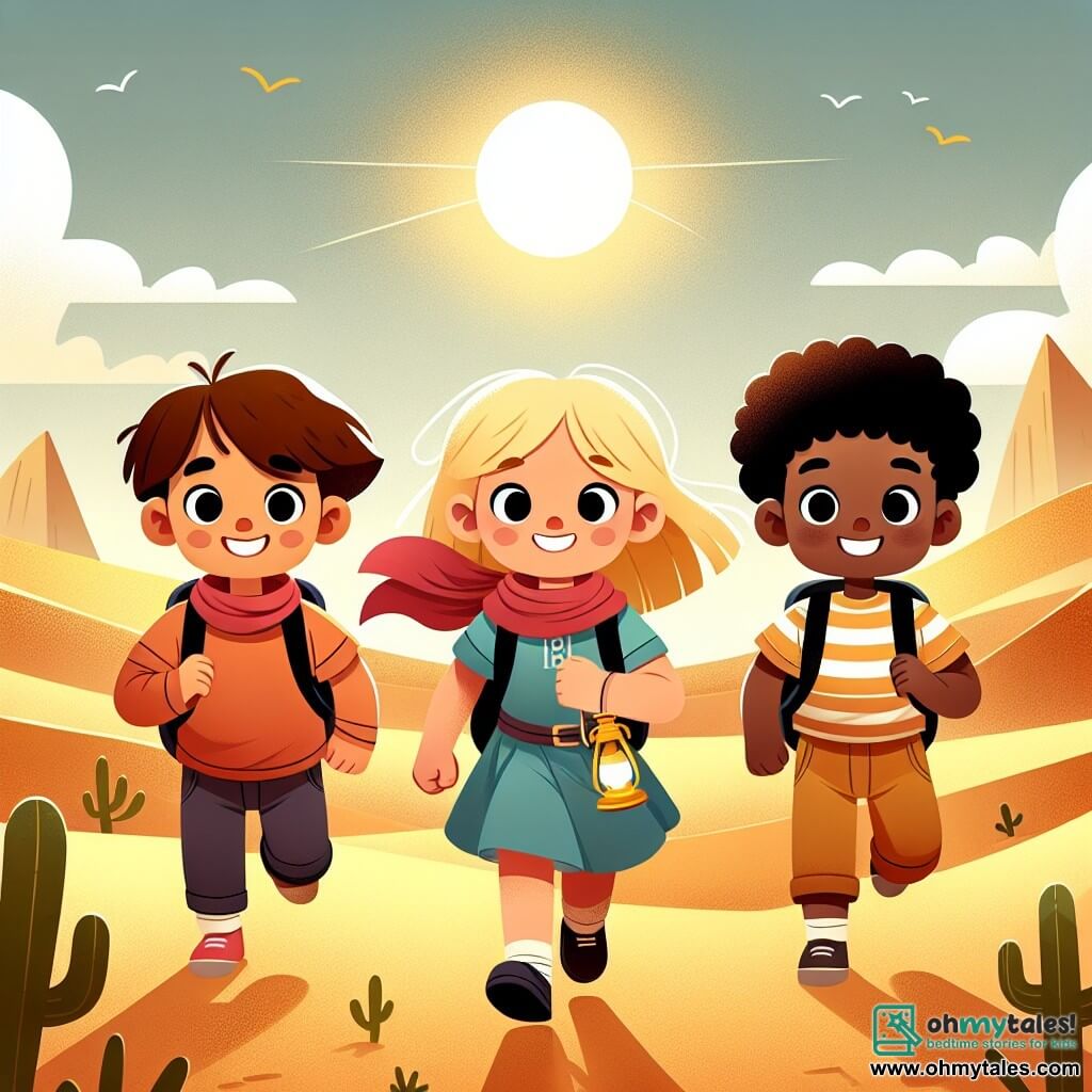 Une illustration destinée aux enfants représentant une jeune fille intrépide, accompagnée de ses amis, un garçon astucieux et une fille courageuse, partant à l'aventure dans un désert vaste et aride, parsemé de dunes dorées sous un soleil éclatant.