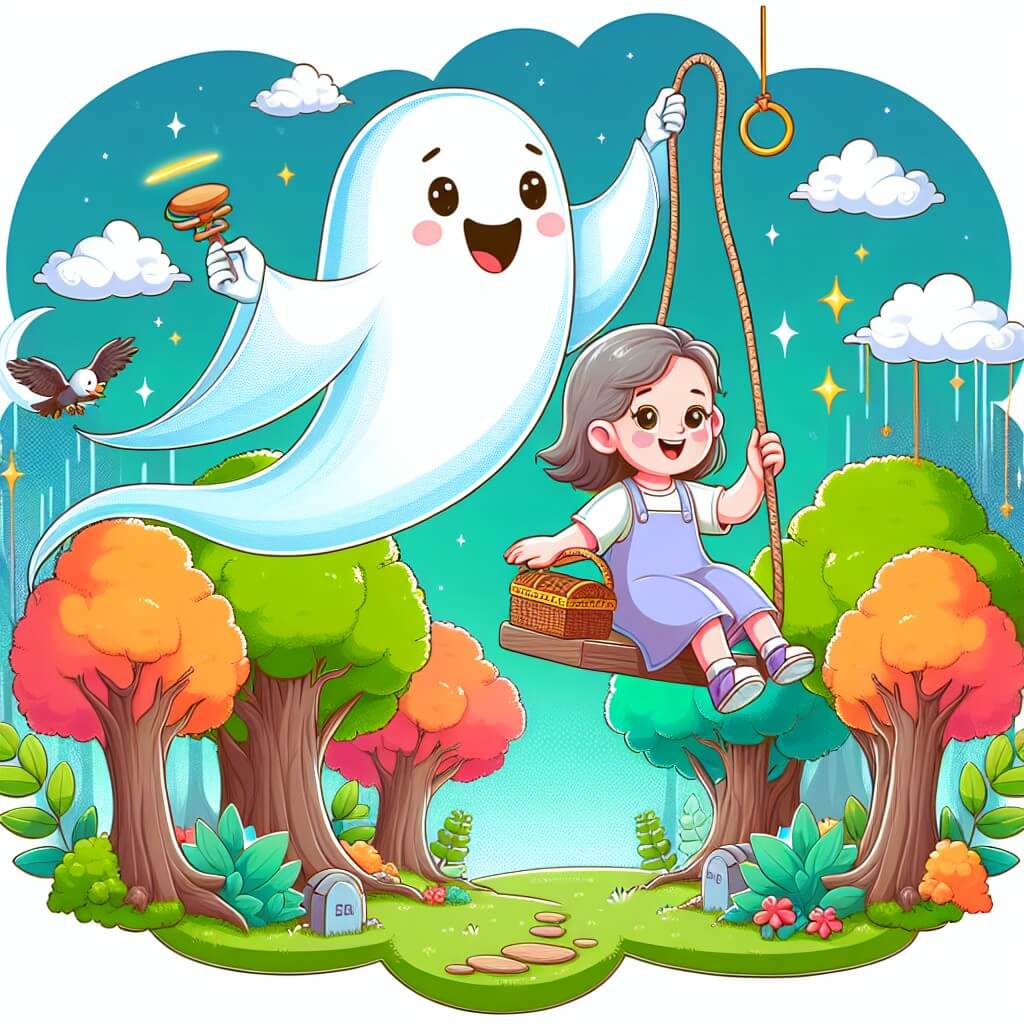 Une illustration destinée aux enfants représentant un fantôme bienveillant flottant joyeusement à travers une forêt enchantée, accompagné d'une petite fille curieuse, découvrant des trésors cachés et s'envolant sur une balançoire nuageuse au-dessus des arbres aux couleurs chatoyantes.