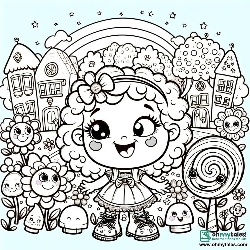Une illustration destinée aux enfants représentant une petite fille aux cheveux bouclés et aux joues rosées, qui porte une paire de chaussures magiques, accompagnée de ses amis rigolos, dans une ville colorée appelée Sunnyville, remplie de maisons en bonbons, de fleurs géantes et d'arbres aux branches en forme de sourires.