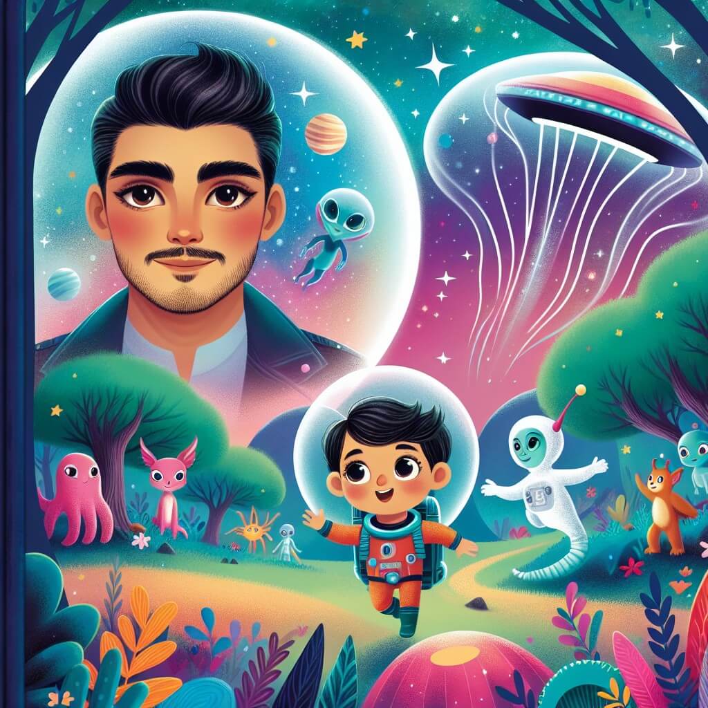 Une illustration destinée aux enfants représentant un homme intrépide et rêveur, embarqué dans une incroyable aventure spatiale, accompagné d'un adorable extraterrestre, sur une planète lointaine aux couleurs chatoyantes, où des créatures magiques habitent une forêt enchantée.