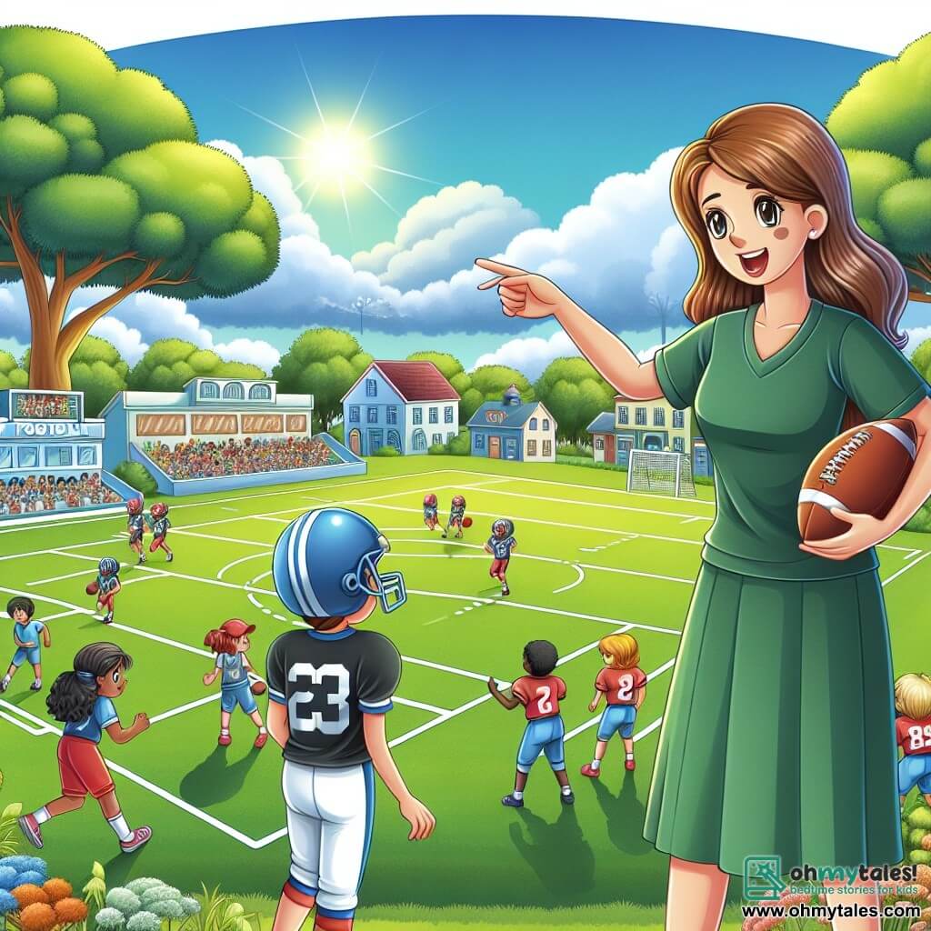 Une illustration destinée aux enfants représentant une jeune fille passionnée de football, rêvant de devenir une joueuse professionnelle, accompagnée de son mentor, une femme coach au regard bienveillant, sur un terrain verdoyant entouré de hauts arbres et de tribunes remplies de supporters enthousiastes, dans la petite ville pittoresque de Willowville.