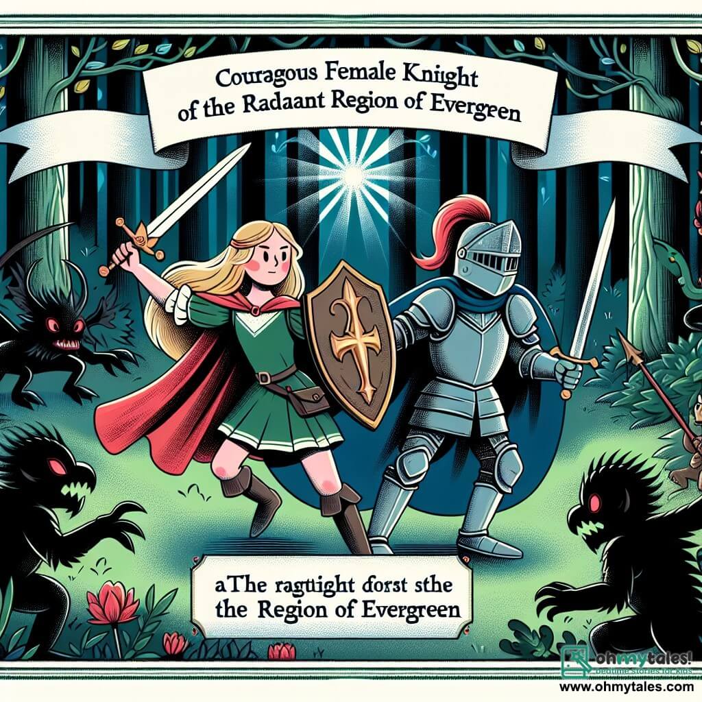 Une illustration destinée aux enfants représentant une chevalière courageuse combattant des créatures sombres aux côtés d'un chevalier, dans la forêt enchantée de l'éclatante contrée d'Evergreen.