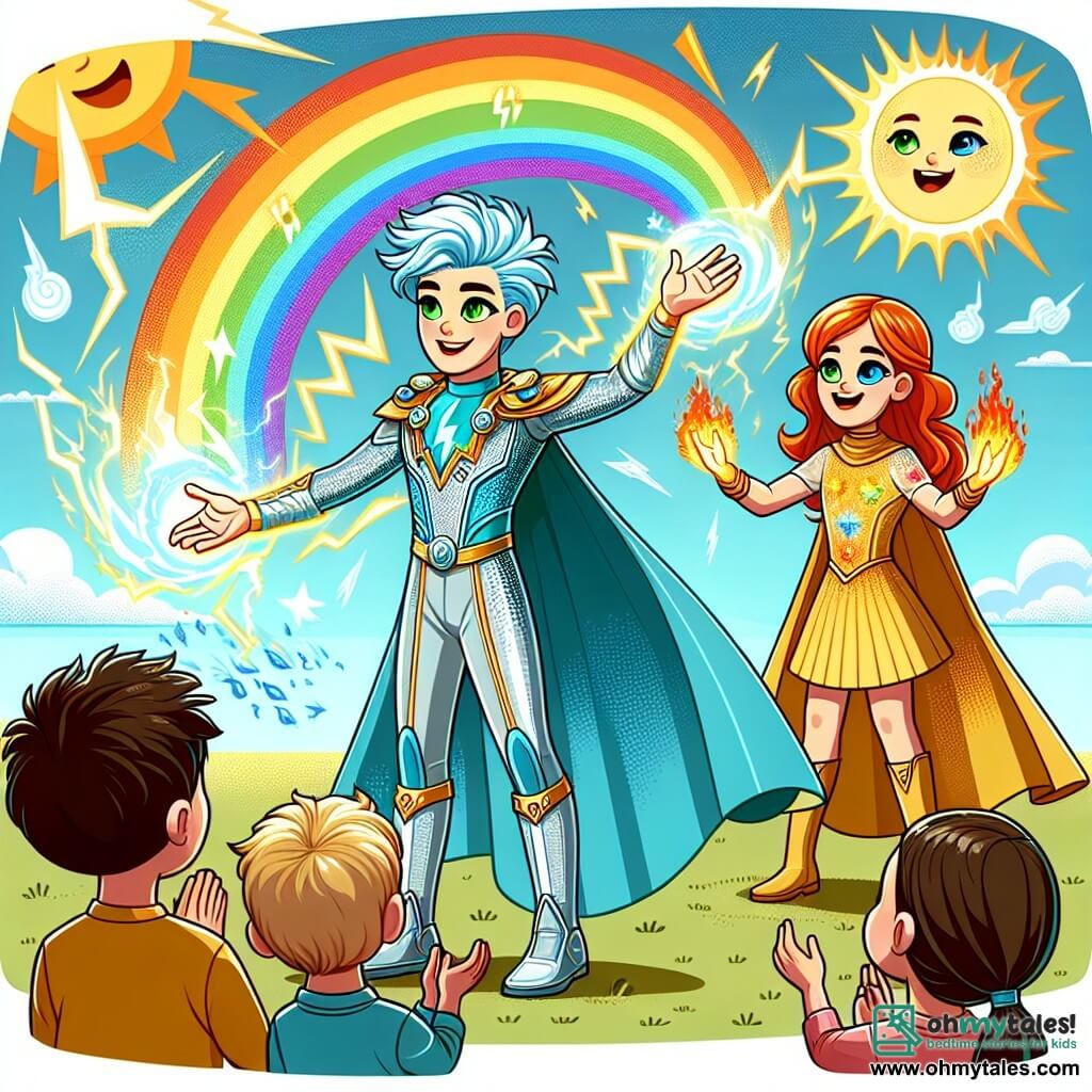 Une illustration sous forme de dessin destinée aux enfants représentant une scène dynamique dans le parc d'Aurora Heights, où une jeune femme aux cheveux bleu vif et aux yeux verts, vêtue d'un costume argenté et bleu électrique, utilise ses pouvoirs de lumière pour créer un magnifique arc-en-ciel, tandis qu'à ses côtés, un garçon aux cheveux bruns et à la cape dorée, capable de provoquer des orages, applaudit avec enthousiasme, et une fille aux cheveux roux, lançant des flammes colorées, sourit en les rejoignant, le tout sous un ciel ensoleillé, avec des enfants émerveillés regardant le spectacle.