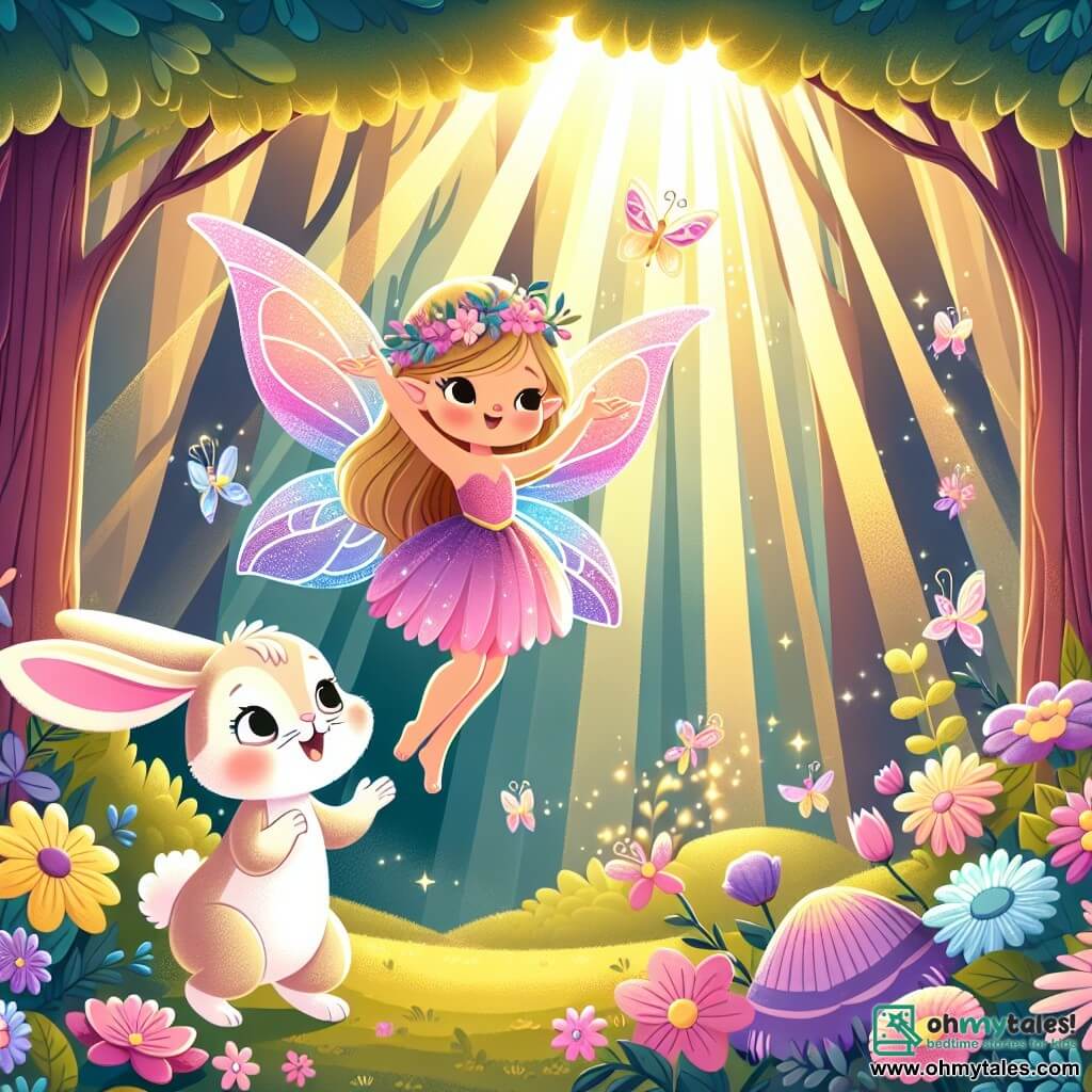 Une illustration sous forme de dessin destinée aux enfants représentant une forêt enchantée, baignée de lumière dorée, où une petite fée aux ailes scintillantes de rose et de violet danse joyeusement parmi les fleurs colorées, tandis qu'un adorable lapin aux grandes oreilles et aux yeux pétillants l'observe avec enthousiasme, alors qu'ils se préparent à partir à l'aventure pour trouver un cristal étoilé perdu, entourés de doux rayons de soleil filtrant à travers les arbres majestueux.