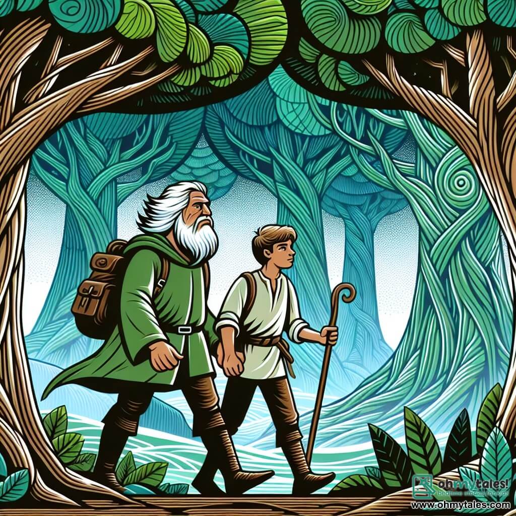 Une illustration destinée aux enfants représentant un jeune homme intrépide, accompagné d'un sage mentor, se tenant à l'orée d'une forêt mystérieuse aux arbres géants et aux feuilles d'un vert éclatant, prêt à partir à la conquête d'un trésor caché.