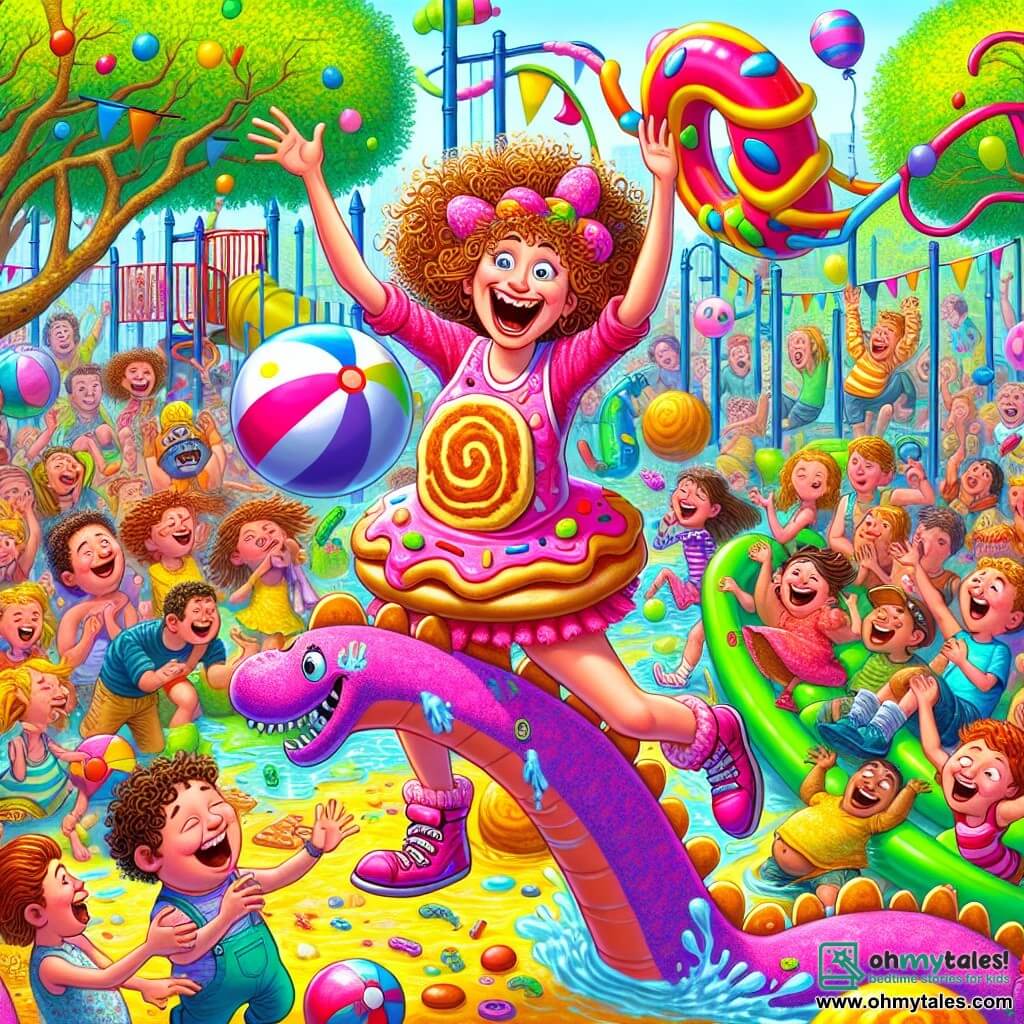 Illustration destinée aux enfants représentant une scène comique dans un parc animé de Quirkville, rempli de couleurs vives et de rires, avec des arbres aux feuilles éclatantes et des enfants jouant autour d'une grande aire de jeux. Au centre, une jeune femme aux cheveux bouclés et en désordre, portant un costume rose avec un grand emblème de pancake, se tient en équilibre sur un énorme dinosaure gonflable, riant aux éclats alors qu'elle essaie de garder son équilibre. À ses côtés, un groupe d'enfants, des garçons et des filles aux visages joyeux et aux vêtements colorés, applaudissent et rient, certains tenant des ballons en forme de dinosaures. La situation principale montre la jeune femme, en pleine action, tentant de jongler avec un énorme ballon de plage tout en évitant les tentacules d'un octopus gonflable qui s'est mis à bouger, créant une ambiance ludique et chaotique, avec des éclaboussures de couleurs et des rires résonnants dans l'air.