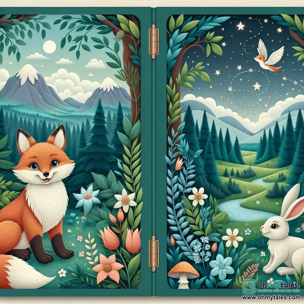 Une illustration destinée aux enfants représentant un renard rusé, se trouvant dans une forêt enchantée, accompagné d'un adorable lapin, découvrant un mystérieux vol qui perturbe la paix de la vallée aux arbres majestueux et aux fleurs chatoyantes.