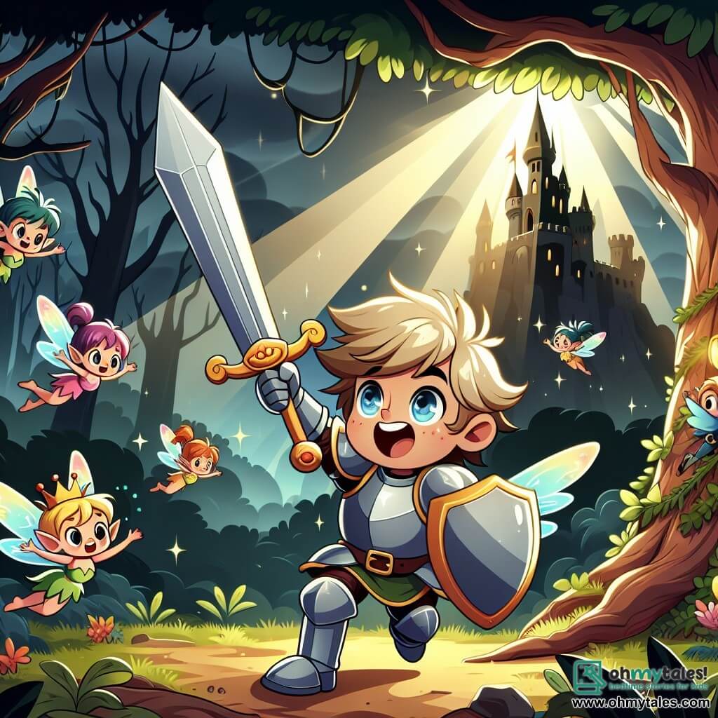 Une illustration sous forme de dessin destinée aux enfants représentant un jeune homme chevalier aux cheveux blonds en bataille et aux yeux pétillants, brandissant une épée brillante au cœur d'une forêt sombre et mystérieuse, entouré de pixies espiègles aux ailes colorées qui volent autour de lui, alors qu'il se tient courageusement devant un château en ruines, symbole de la magie maléfique qu'il doit vaincre pour sauver le majestueux Chêne d'Or, avec des rayons de lumière perçant à travers les arbres, illuminant la scène d'un éclat d'espoir.