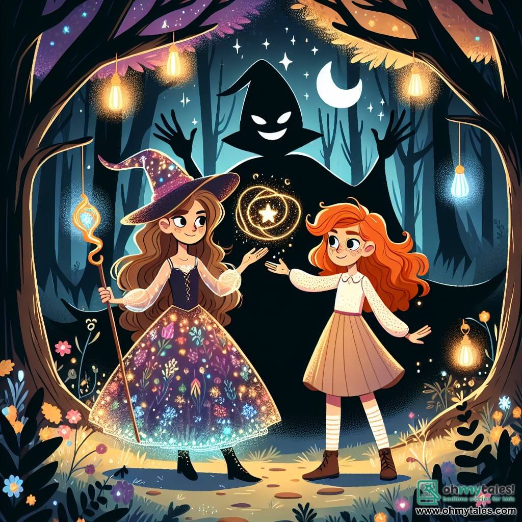 Une illustration sous forme de dessin destinée aux enfants représentant une clairière enchantée au cœur de la forêt des Murmures, où une jeune sorcière aux longs cheveux ondulés et vêtue d'une robe colorée, tenant un bâton magique scintillant, se tient fièrement face à une silhouette sombre menaçante, tandis qu'une amie aux cheveux roux et aux taches de rousseur, vêtue d'une robe légère, l'encourage avec un sourire déterminé, entourées de lanternes flottantes illuminant la scène magique et d'arbres majestueux aux feuilles scintillantes, symbolisant la lutte entre la lumière et l'obscurité.