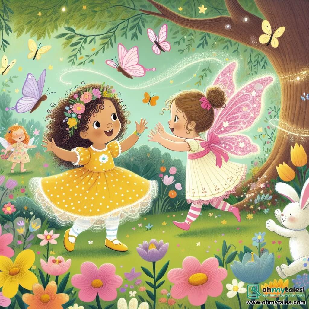 Une illustration sous forme de dessin destinée aux enfants représentant un jardin enchanté rempli de fleurs colorées et de papillons flottants, avec une petite fille de 4 ans aux cheveux bouclés et aux yeux pétillants, portant une robe jaune à pois blancs, en train de danser joyeusement avec un petit lapin en peluche, tandis qu'une fée aux ailes roses et scintillantes vole autour d'eux, tous deux essayant de réveiller des héros endormis sous un grand arbre, avec une ambiance ludique et magique.