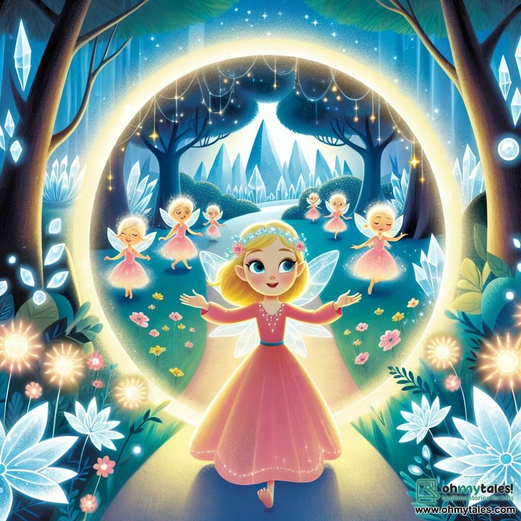 Une illustration destinée aux enfants représentant une femme au regard étincelant, naviguant à travers un portail lumineux vers un monde enchanté, accompagnée de charmants lutins lumineux, dans une forêt magique aux arbres géants ornés de cristaux scintillants, où les fleurs chantent des mélodies envoûtantes.