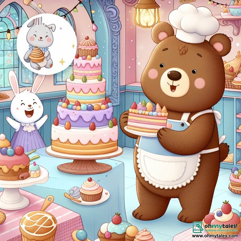 Une illustration destinée aux enfants représentant un ours gourmand et espiègle, se retrouvant dans une boulangerie enchantée remplie de délicieux gâteaux et pâtisseries, où il rencontre un lapin joyeux et serviable.