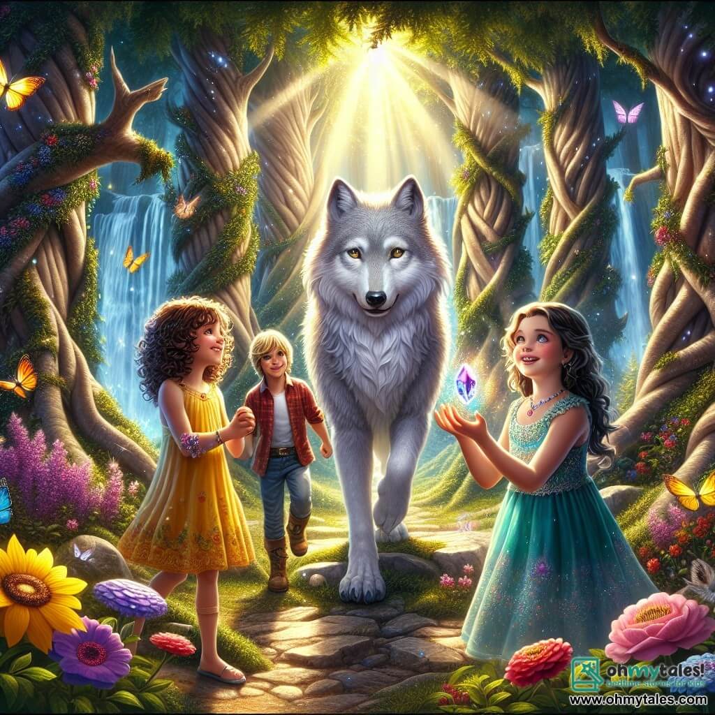 Illustration destinée aux enfants représentant une scène magique dans la forêt enchantée des Murmures, où de grands arbres aux troncs noueux s'élèvent vers le ciel, leurs feuilles scintillant sous les rayons dorés du soleil. Au centre, un groupe de trois enfants de 7 ans : une fille aux cheveux bouclés et bruns, portant une robe colorée, qui s'avance courageusement avec un sourire éclatant ; un garçon aux cheveux blonds et aux yeux pétillants, tenant une pierre précieuse brillante dans ses mains ; et une fille aux cheveux raides et noirs, avec une expression d'inquiétude, observant autour d'elle. À leurs côtés, un loup majestueux aux yeux doux et tristes, dont le pelage gris argenté brille sous la lumière, se tient avec espoir, prêt à retrouver son vrai moi. L'atmosphère est remplie de magie, avec des fleurs colorées qui semblent sourire et des papillons virevoltant autour, tandis que les enfants s'apprêtent à briser le sort du loup en plaçant les gemmes précieuses autour de lui.