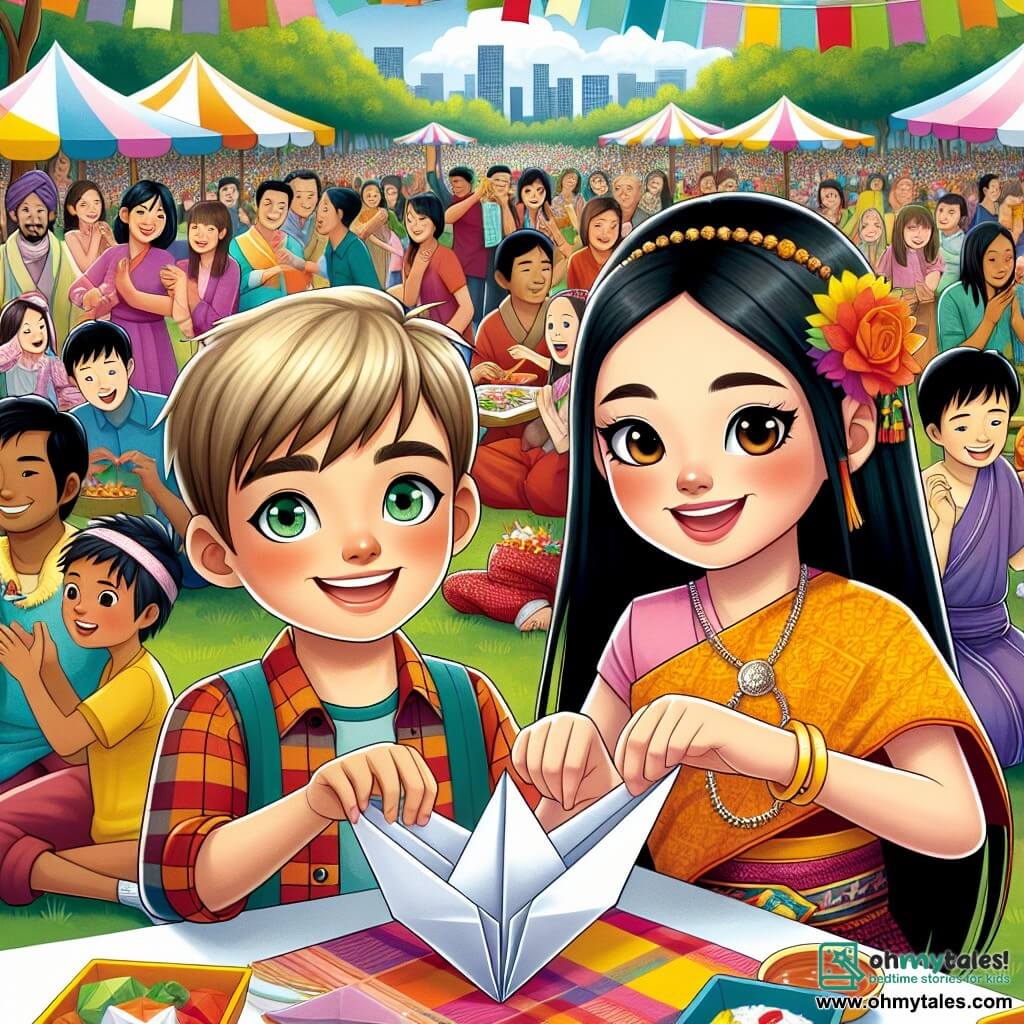 Une illustration sous forme de dessin destinée aux enfants représentant un parc coloré lors d'un festival de diversité, avec un garçon de 11 ans aux cheveux blonds et aux yeux verts, souriant et en train de plier un origami, entouré d'une fille thaïlandaise de 12 ans, aux cheveux noirs et longs, vêtue d'un costume traditionnel, qui montre avec enthousiasme comment plier du papier, tandis qu'en arrière-plan, des familles de différentes origines, y compris des enfants d'ascendance latino-américaine et asiatique, dégustent des plats typiques et dansent joyeusement, illustrant l'esprit de partage et d'unité dans la diversité.
