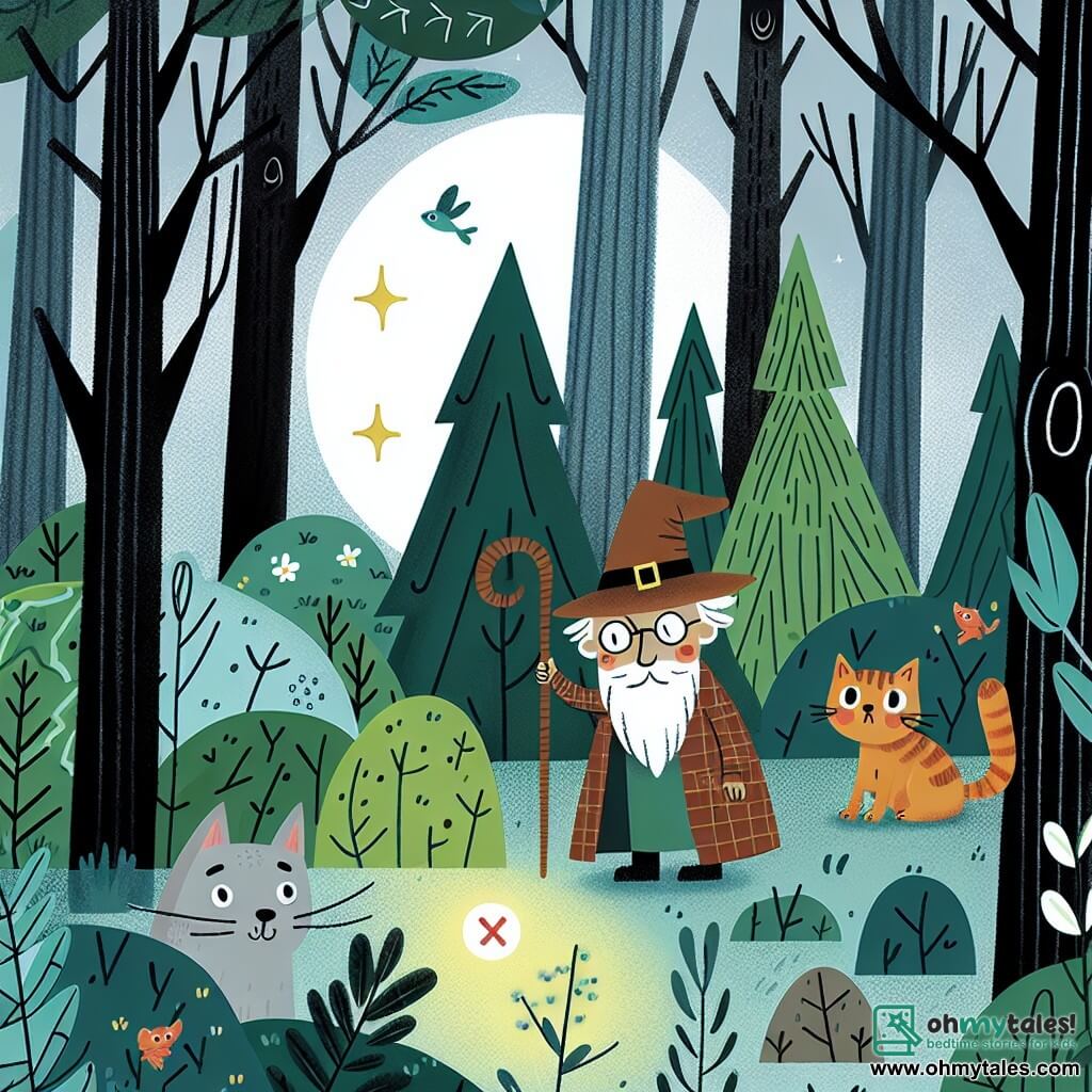Une illustration destinée aux enfants représentant un chat malicieux, une vieille homme triste, une forêt dense et mystérieuse où se déroule une quête captivante.