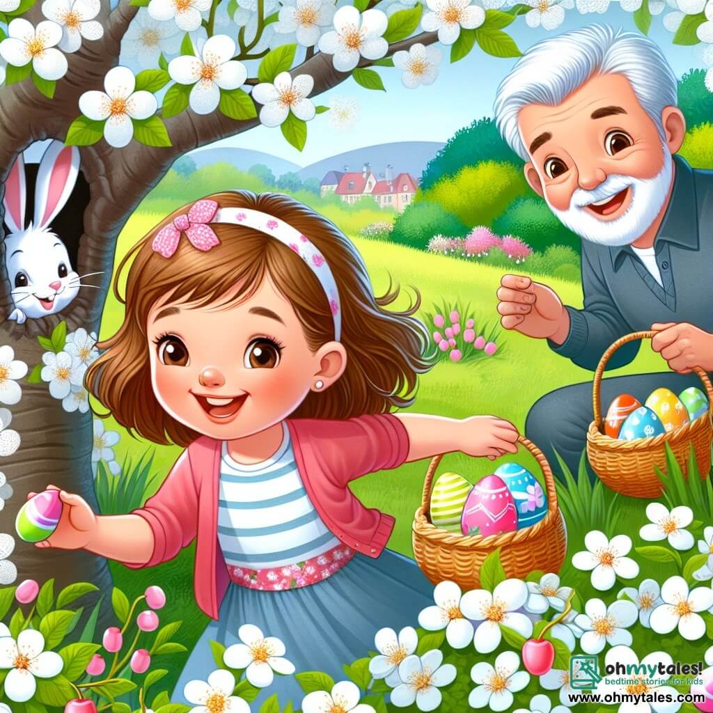 Une illustration destinée aux enfants représentant une fille joyeuse cherchant des œufs de Pâques dans un jardin fleuri, accompagnée de son papa, avec un lapin de Pâques malicieux caché derrière un cerisier en fleurs.