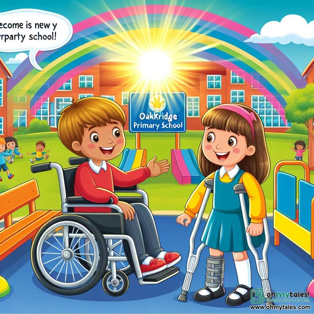 Une illustration destinée aux enfants représentant un garçon joyeux en fauteuil roulant, liant d'amitié avec une nouvelle élève aux béquilles, dans la cour de récréation colorée de l'école primaire Oakridge, illuminée par un soleil radieux.