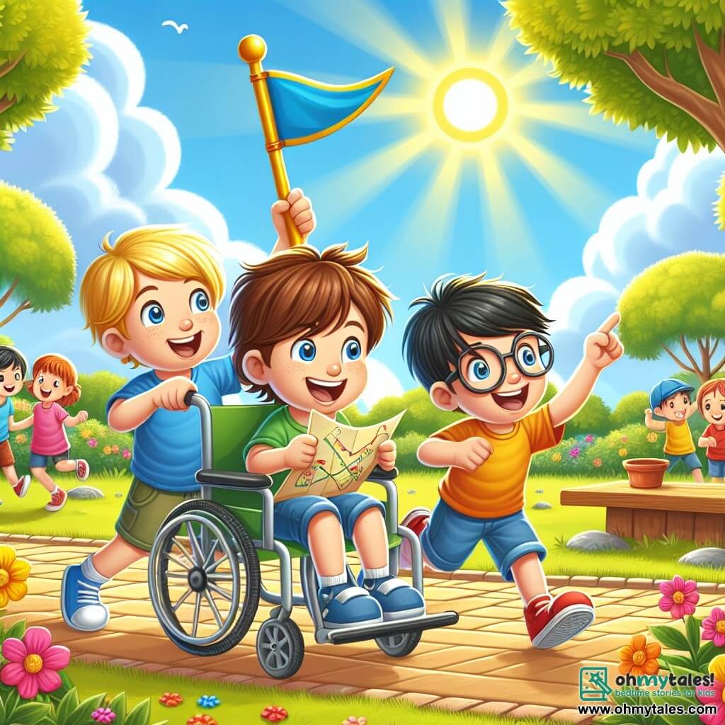 The illustration depicts a joyful scene in a sunny schoolyard, surrounded by lush trees and colorful flowers. At the center, a smiling four-year-old boy with messy brown hair and sparkling eyes is sitting in a wheelchair. Next to him, another four-year-old boy with blonde hair and blue eyes is enthusiastically pushing the wheelchair. A third four-year-old boy, with black hair and glasses, holds a treasure map and points in a direction with a big smile. The three friends are playing an adventure game, searching for hidden flags in the yard. The boy in the wheelchair points to a bright blue flag fluttering in the wind, while the other two friends cheer him on with enthusiastic gestures. In the background, other children are playing and laughing, creating an atmosphere of camaraderie and happiness. White clouds float in a clear blue sky, adding a touch of magic to this scene of solidarity and friendship.