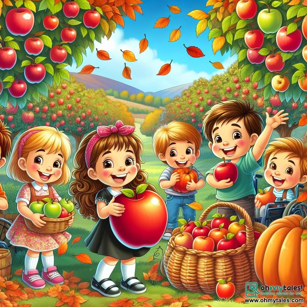 An illustration depicting a beautiful autumn orchard, with trees laden with red and green apples, their golden and orange leaves gently falling to the ground. In the foreground, a group of five joyful children: a girl with curly brown hair, about 8 years old, smiling and holding a large red apple; a 9-year-old boy with blond hair sitting in a wheelchair, laughing and showing a shiny apple; a 7-year-old girl with long blond hair enthusiastically pointing at a big pumpkin; an 8-year-old boy with brown hair hiding behind a tree, laughing; and another 9-year-old boy with brown hair holding a bag full of apples. The scene conveys an atmosphere of joy and camaraderie, with colorful leaves swirling in the air and a clear blue sky in the background. Wicker baskets filled with apples and a large decorated pumpkin are beside them, adding to the festive autumn ambiance.