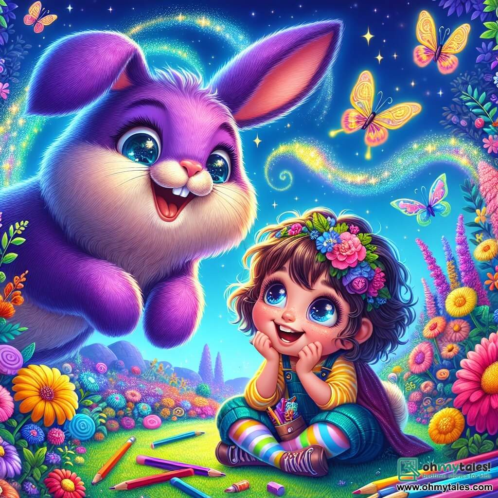 Illustration destinée aux enfants représentant une scène magique dans un jardin coloré, rempli de fleurs éclatantes et de papillons virevoltants sous un ciel bleu azur. Au centre, une petite fille de 5 ans, avec de grands yeux pétillants et des cheveux bouclés, est assise sur l'herbe, entourée de crayons colorés, en train de rire joyeusement tout en observant un énorme lapin violet aux grandes oreilles et au pelage duveteux, qui fait des cabrioles. Le lapin, avec un sourire espiègle, semble prêt à embarquer la fillette dans une aventure fantastique. Des éclats de lumière scintillent autour d'eux, évoquant la magie de l'amitié et l'excitation d'une quête pour retrouver une carotte magique.