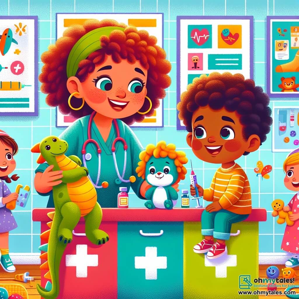 Illustration destinée aux enfants représentant une scène lumineuse et colorée à l'intérieur d'une clinique animée, avec des murs ornés de posters éducatifs sur la santé et des jouets en peluche éparpillés sur les tables. Au centre, une femme médecin souriante, aux cheveux bouclés et vêtue de scrubs multicolores, est accroupie à hauteur d'un petit garçon aux yeux ronds, qui tient un dinosaure en peluche, tout en lui expliquant avec douceur comment se passe une piqûre. À côté d'eux, une petite fille aux cheveux frisés et aux joues roses, pleine d'enthousiasme, aide en tenant des stickers colorés, prête à récompenser le garçon pour son courage. L'atmosphère est joyeuse et rassurante, avec des enfants jouant en arrière-plan, créant un sentiment de camaraderie et de bienveillance.