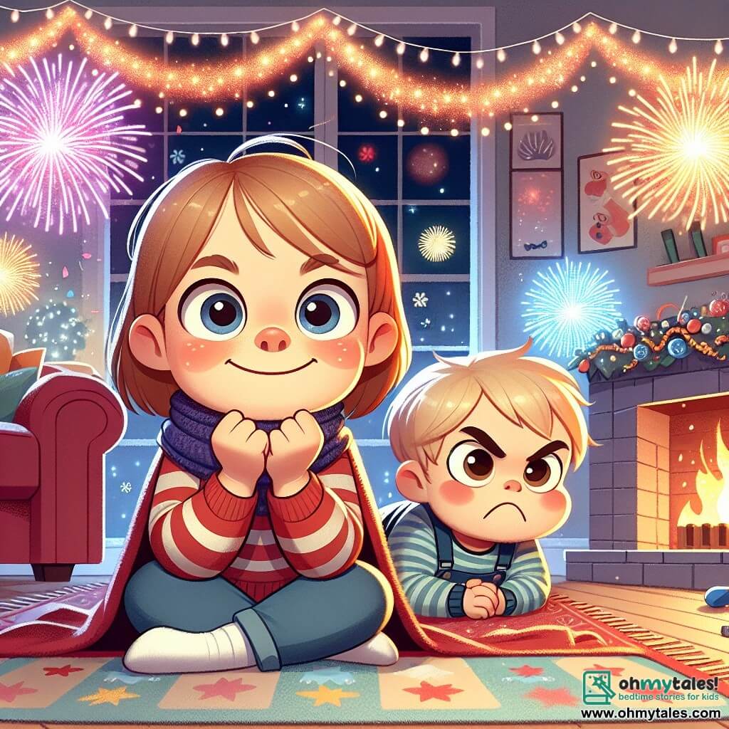 Une illustration destinée aux enfants représentant une fillette émerveillée par les feux d'artifice lors de la fête du Nouvel An, accompagnée de son petit frère espiègle, dans un salon décoré de guirlandes scintillantes et de lumières colorées.