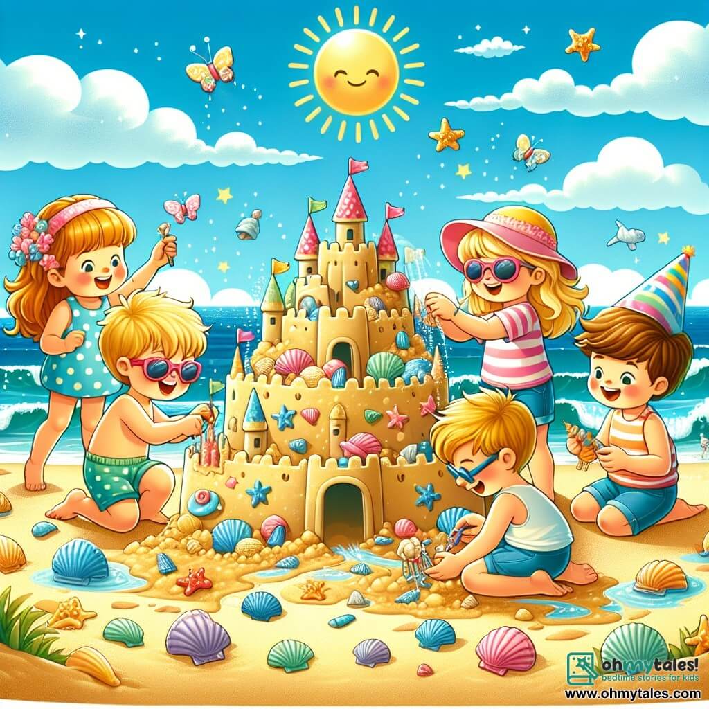 Une illustration sous forme de dessin destinée aux enfants représentant une plage ensoleillée avec du sable doré et des vagues scintillantes, où un groupe d'enfants de 7 ans, composé de deux filles aux lunettes de soleil roses et d'un garçon avec un chapeau de soleil, s'affairent joyeusement à construire un immense château de sable décoré de coquillages colorés, tandis qu'un autre garçon cherche des coquillages près de l'eau, le tout sous un ciel bleu parsemé de quelques nuages blancs, capturant l'esprit d'une fête d'anniversaire pleine de rires et d'amitié.