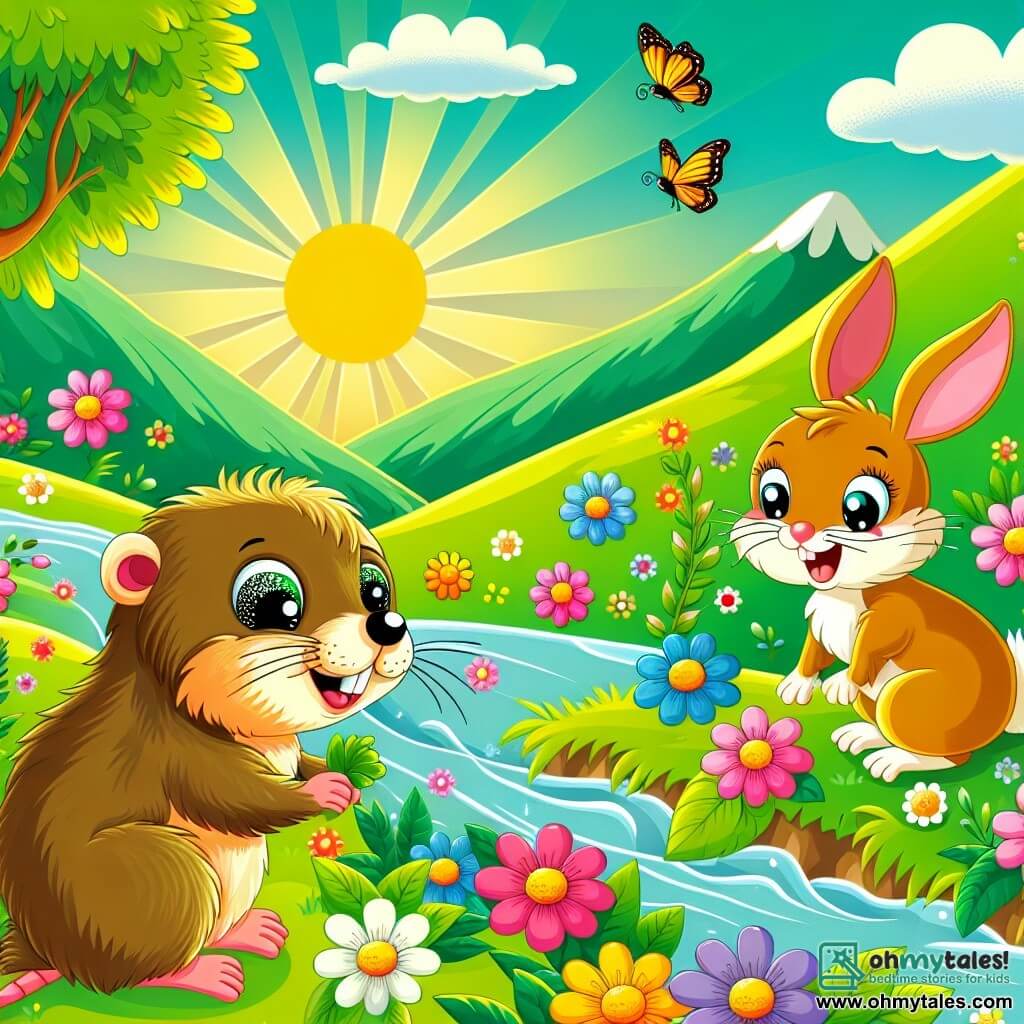 Une illustration sous forme de dessin destinée aux enfants représentant une vallée verdoyante parsemée de fleurs colorées et baignée par la lumière dorée du soleil, où une marmotte au pelage doux et doré, aux grands yeux pétillants, s'amuse à plonger ses petites pattes dans l'eau scintillante d'une rivière arc-en-ciel, tandis qu'un lapin aux longues oreilles et à la queue duveteuse, joyeux et curieux, l'observe en riant, le tout entouré de papillons virevoltants et de feuilles dansantes, capturant l'esprit d'une belle journée d'aventure et d'amitié.