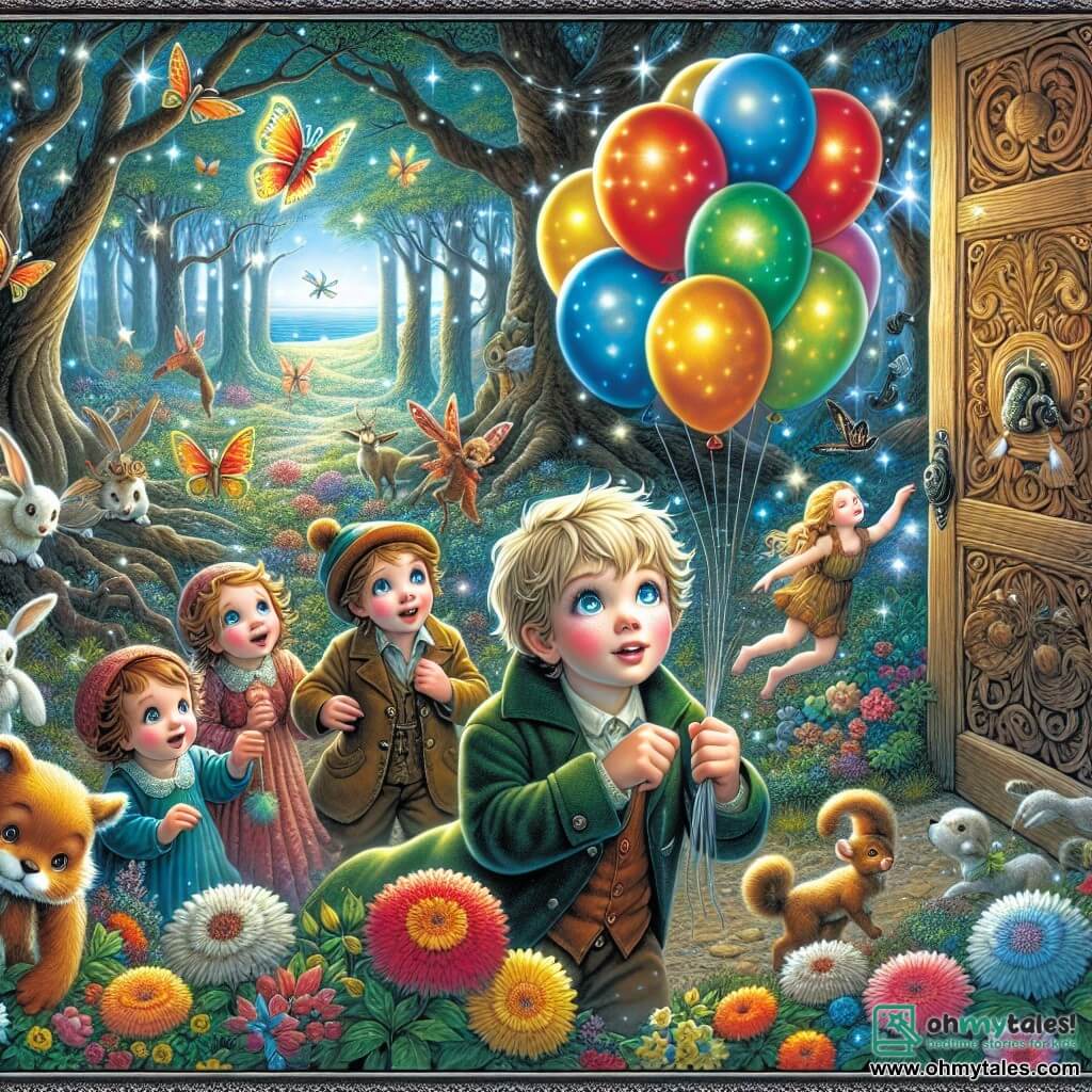 Une illustration destinée aux enfants représentant un jeune garçon aux yeux étincelants, entouré de ballons colorés, découvrant une mystérieuse porte en bois au milieu d'une forêt enchantée, accompagné de ses amis curieux, dans une clairière remplie d'animaux parlants et de fées virevoltantes, avec des arbres majestueux et des fleurs éclatantes sous un ciel éclaboussé de lumières magiques.