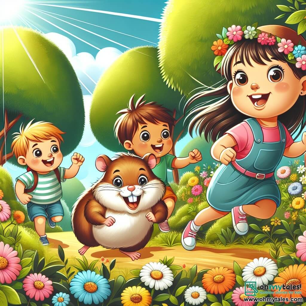 Une illustration destinée aux enfants représentant une fille espiègle et aventureuse, accompagnée de ses amis excentriques, poursuivant un hamster géant dans un jardin ensoleillé rempli de fleurs colorées et d'arbres majestueux.