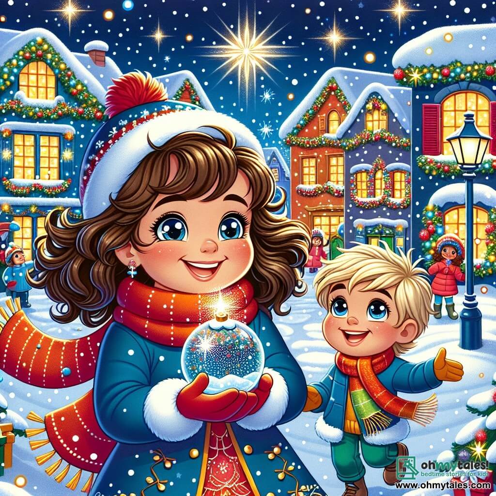 Une illustration sous forme de dessin destinée aux enfants représentant une scène festive dans un village enneigé, avec des maisons colorées décorées de guirlandes lumineuses, au centre une fille de 11 ans aux cheveux bruns et bouclés, portant une écharpe rouge et un manteau bleu, qui sourit joyeusement en tenant un globe de neige scintillant, tandis qu'à ses côtés, son petit frère de 7 ans, aux cheveux blonds et aux yeux pétillants, s'amuse à lancer des boules de neige, le tout sous un ciel étoilé où brille une étoile magique, symbolisant l'esprit de Noël et l'aventure qu'ils vivent ensemble.