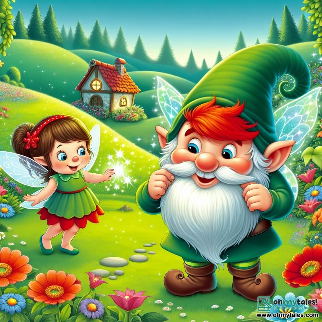 Une illustration destinée aux enfants représentant un lutin malicieux avec des cheveux roux flamboyants, un chapeau vert pointu et un regard espiègle, jouant un tour à une fée amicale dans une prairie chatoyante de collines verdoyantes, remplie de fleurs colorées et d'un petit cottage caché.