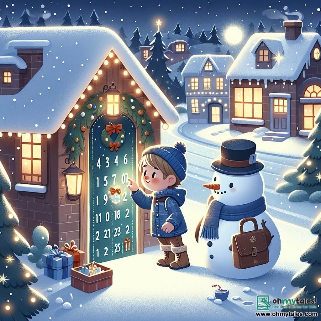 Une illustration destinée aux enfants représentant un garçon curieux découvrant un calendrier de l'avent magique, accompagné d'un bonhomme de neige amical, se déroulant dans un village enneigé aux maisons illuminées et aux rues bordées de sapins scintillants.