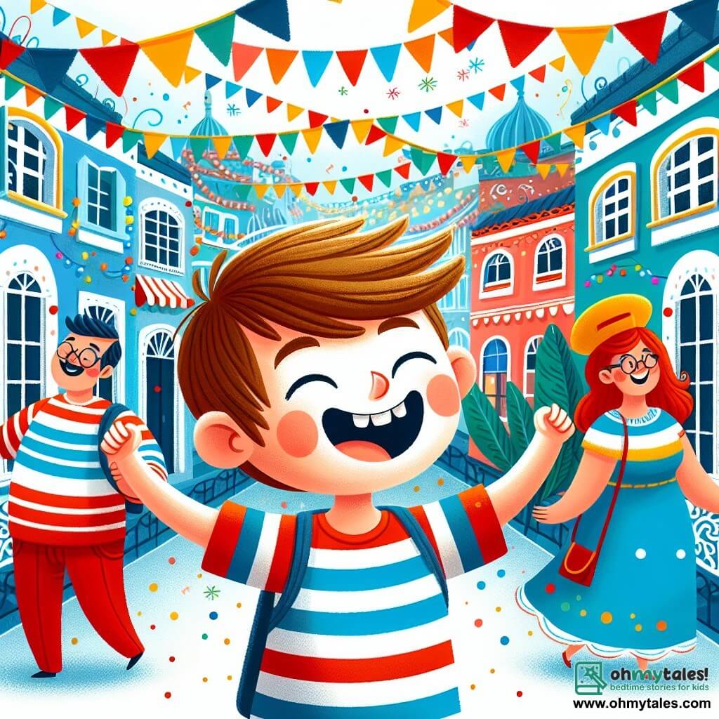 Une illustration destinée aux enfants représentant un joyeux garçon vêtu d'un tee-shirt rayé rouge et bleu, vivant une journée magique au carnaval de la ville de Whimsyville, entouré de ses parents, avec en arrière-plan des rues colorées décorées de guirlandes, de ballons et de bannières festives.