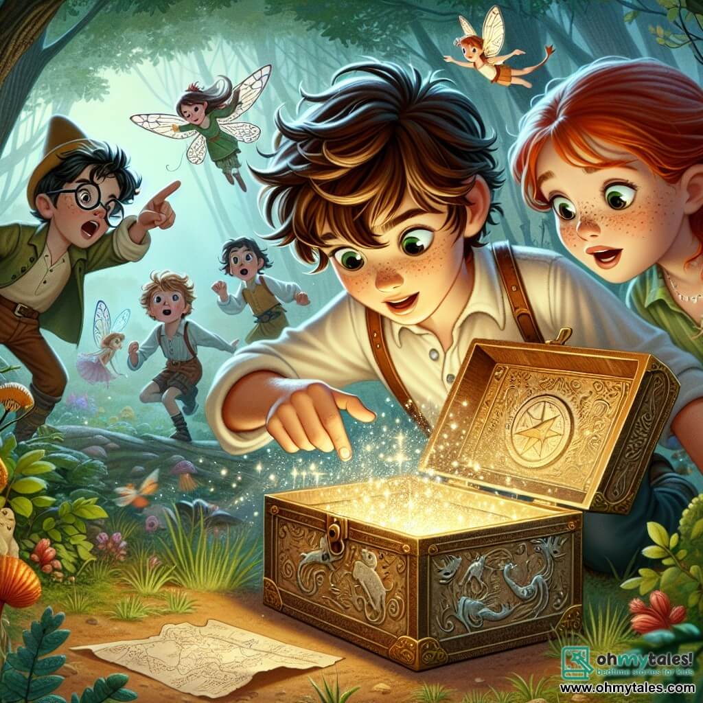 Une illustration sous forme de dessin destinée aux enfants représentant une clairière enchantée au cœur d'une forêt magique, où un garçon de 11 ans aux cheveux châtain en bataille et aux yeux pétillants d'excitation, examine un ancien trésor scintillant dans une boîte ornée de motifs féeriques, tandis qu'à ses côtés, une fille aux cheveux roux et aux taches de rousseur, pleine de détermination, pointe du doigt une carte mystérieuse, et un garçon aux lunettes rondes, visiblement nerveux mais curieux, observe avec émerveillement les créatures magiques qui dansent autour d'eux, capturant l'instant où ils découvrent que le véritable trésor réside dans leur amitié et leur courage.