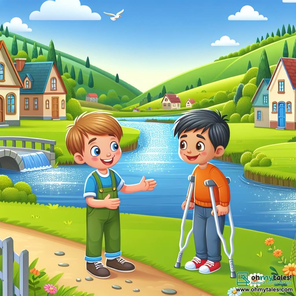 Une illustration destinée aux enfants représentant un garçon joyeux et curieux rencontrant un nouveau voisin avec des béquilles, dans une petite ville paisible entourée de collines verdoyantes et d'une rivière scintillante.