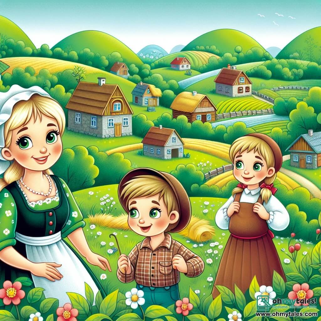 Une illustration destinée aux enfants représentant une femme agricultrice bienveillante, un garçon curieux et une fille enthousiaste, dans un petit village entouré de collines verdoyantes et de champs luxuriants.