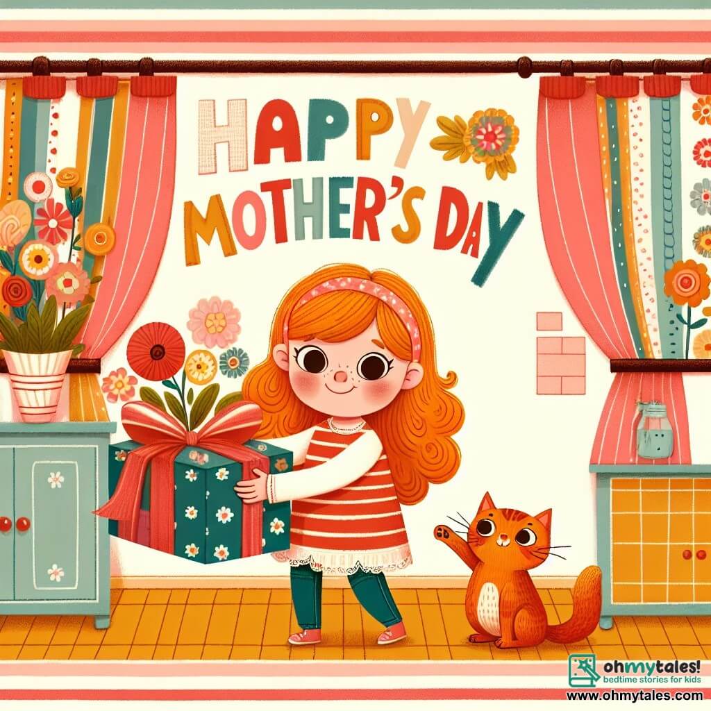 Une illustration destinée aux enfants représentant une fillette pétillante préparant une surprise pour sa maman le jour de la fête des mères, avec l'aide d'un gentil chat roux, dans une maison chaleureuse aux murs fleuris et aux rideaux rayés de couleurs vives.