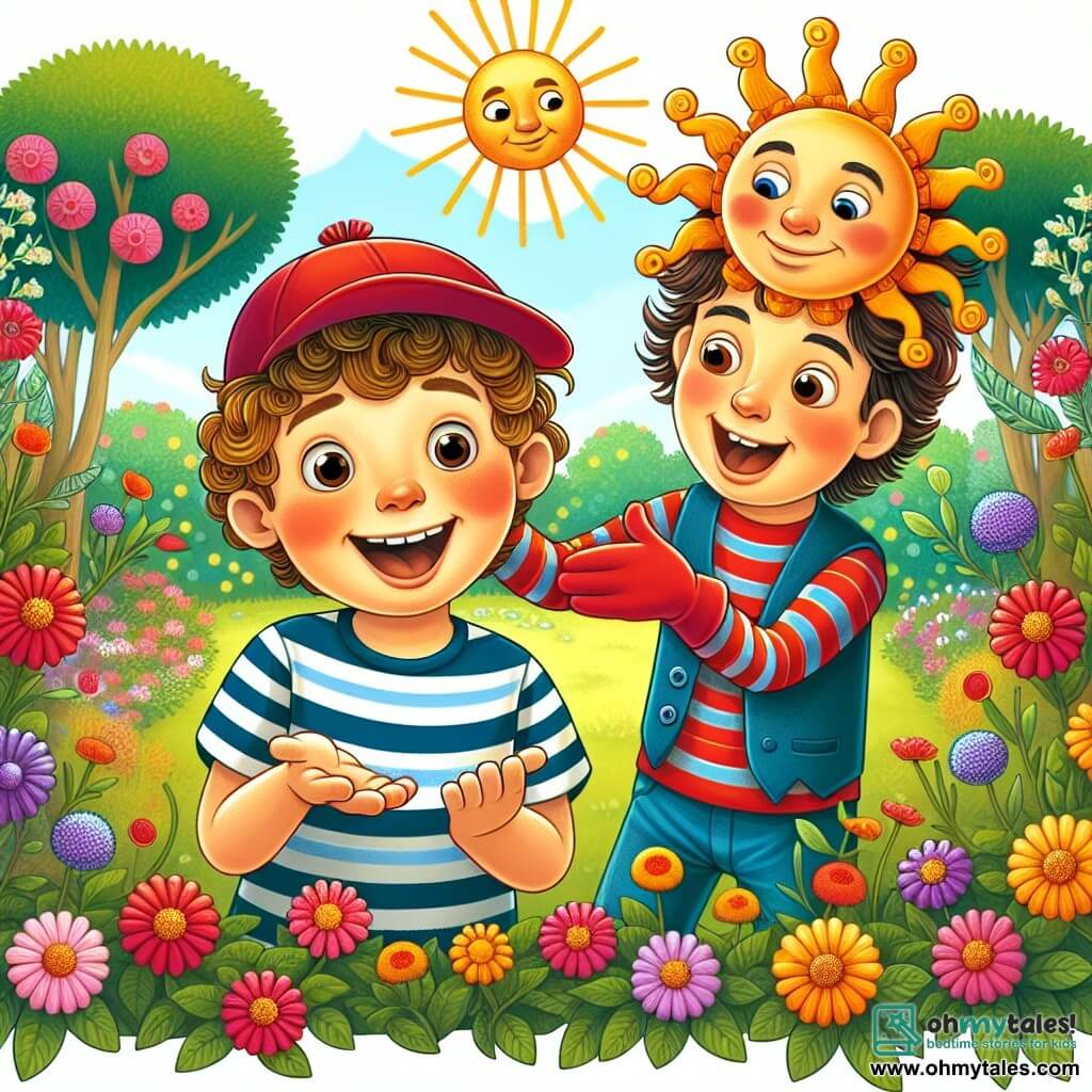 Une illustration destinée aux enfants représentant un joyeux garçon aux cheveux bouclés, portant un t-shirt rayé et une casquette rouge, qui surprend son amie avec des accessoires rigolos dans un jardin rempli de fleurs colorées et d'un grand soleil brillant.