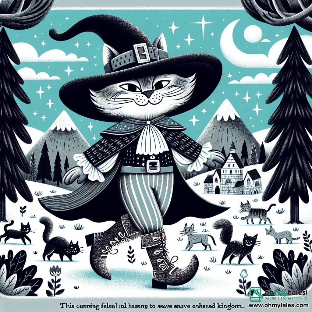 Une illustration destinée aux enfants représentant un félin rusé vêtu d'un chapeau à larges bords et de bottes scintillantes, en train de concocter un plan audacieux pour sauver un royaume enchanté, accompagné de ses fidèles alliés animaux, dans le royaume féerique de Meowland, où les arbres dansent au rythme du vent et les montagnes brillent sous la lueur de la lune.