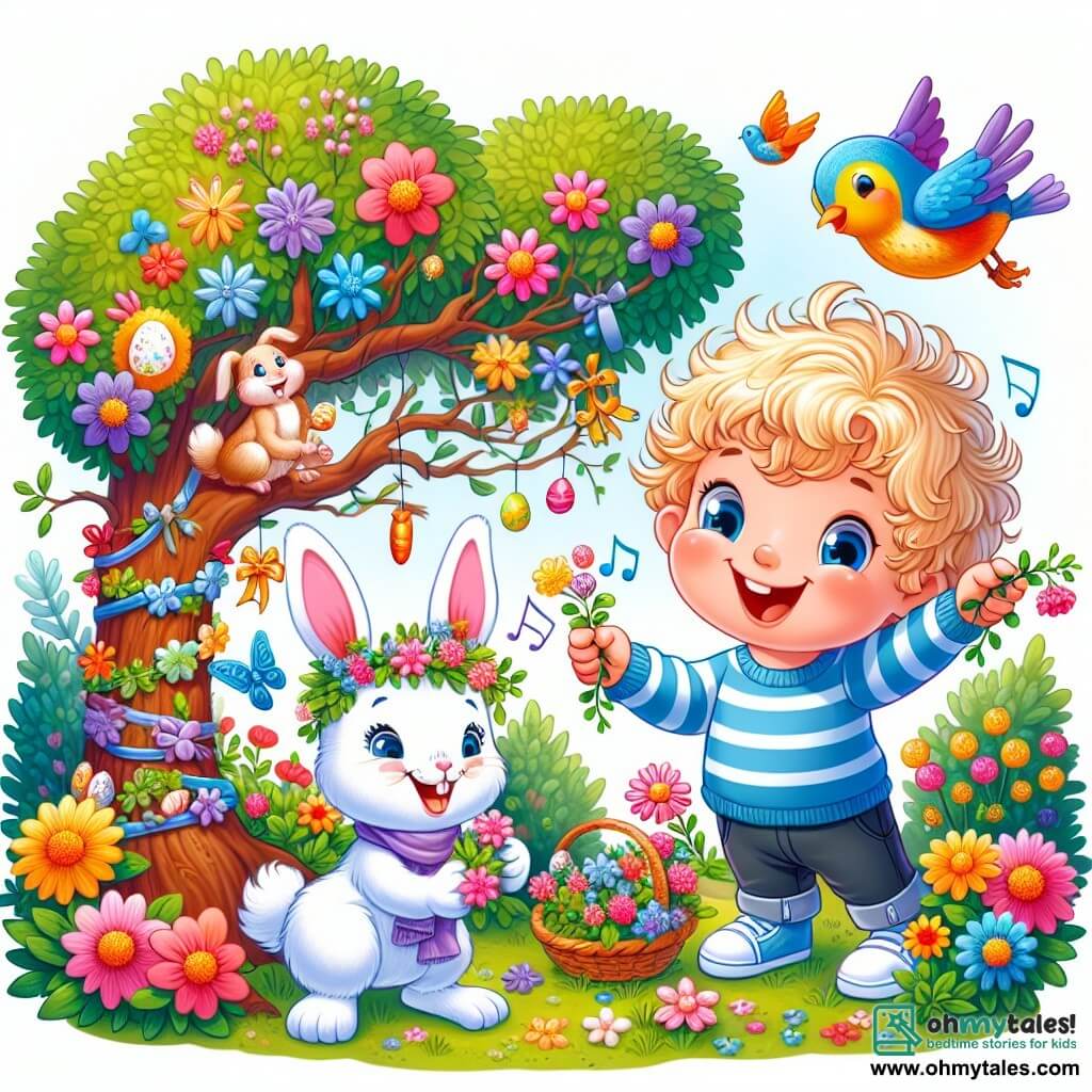 Une illustration sous forme de dessin destinée aux enfants représentant un jardin enchanté rempli de fleurs colorées et d'animaux joyeux, où un petit garçon de 3 ans aux cheveux blonds bouclés et aux yeux bleus, souriant et enthousiaste, aide un adorable petit lapin blanc à décorer un arbre avec des fleurs et des rubans pour célébrer Pâques, tandis qu'un oiseau coloré chante joyeusement à proximité, créant une atmosphère magique et festive.