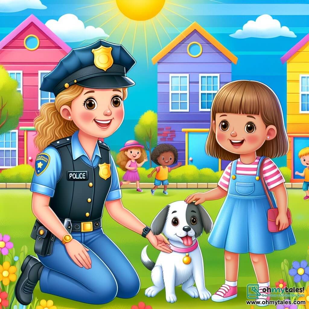 Une illustration destinée aux enfants représentant une femme policière souriante, aidant une petite fille à retrouver son chien perdu, dans une ville colorée aux maisons peintes de couleurs vives, avec des enfants jouant joyeusement dans un parc ensoleillé.