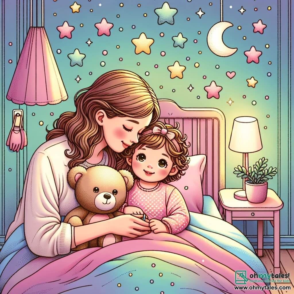 Une illustration sous forme de dessin destinée aux enfants représentant une chambre douce et chaleureuse, avec des murs peints en pastel et des étoiles brillantes collées au plafond, où une petite fille de 1 an, avec des cheveux bouclés et des yeux pétillants, est allongée dans son lit, serrant un ours en peluche doux contre elle, tandis que sa maman, une femme souriante aux cheveux longs et bruns, s'accroupit à côté d'elle, lui tenant la main et lui chuchotant des mots réconfortants, alors qu'une légère lumière tamisée éclaire la scène, créant une atmosphère apaisante pour chasser la peur du noir.