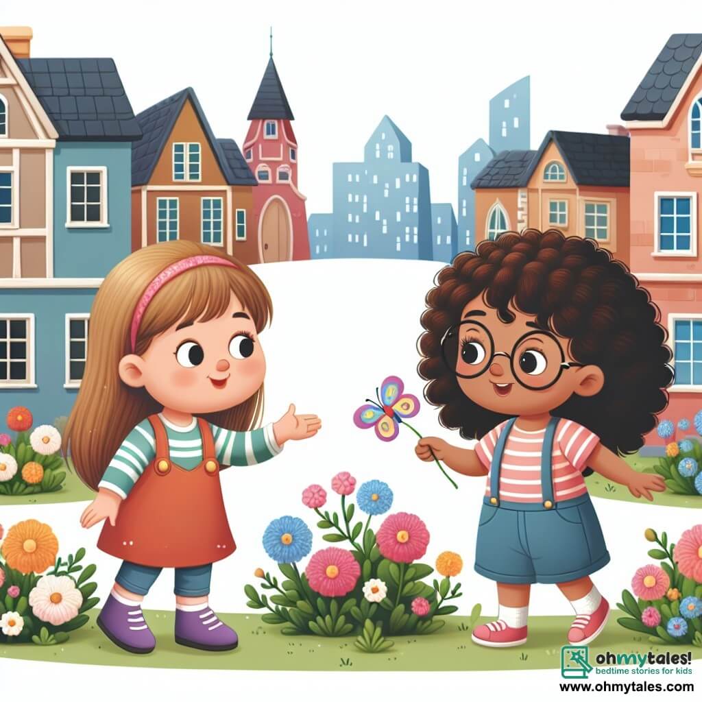 Une illustration destinée aux enfants représentant une petite fille pleine de curiosité, découvrant un nouvel ami, une fille aux cheveux bouclés et aux lunettes, dans une ville pittoresque pleine de maisons colorées et de jardins fleuris.